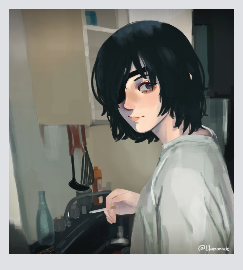 1girl black_hair chainsaw_man cigarette closed_mouth faucet grey_eyes highres himeno_(chainsaw_man) holding holding_cigarette indoors l1amanade photo-referenced shirt short_hair sink solo twitter_username white_shirt