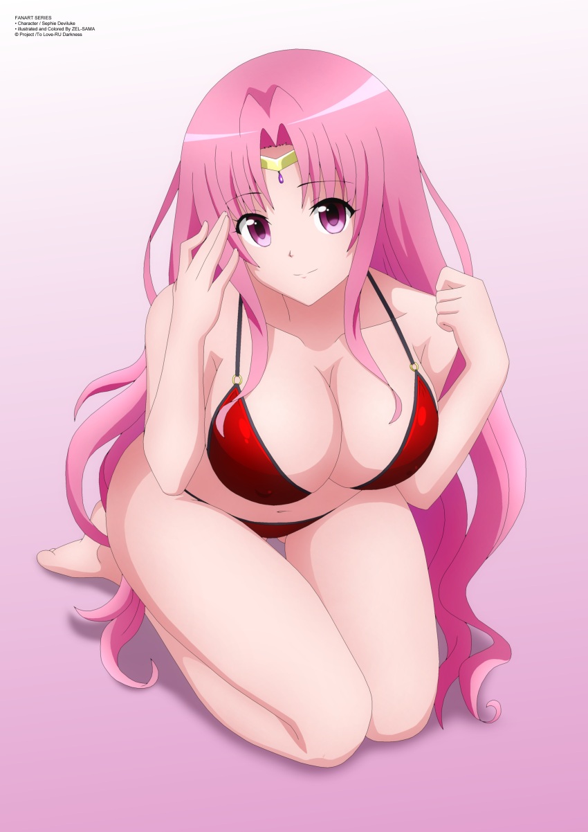 1girl alien bikini breasts huge_breasts jewelry kneeling large_breasts long_hair looking_at_viewer mature_female navel pink_background pink_eyes pink_hair queen red_bikini sephie_michaela_deviluke smile swimsuit thighs tiara to_love-ru to_love-ru_darkness very_long_hair zel-sama