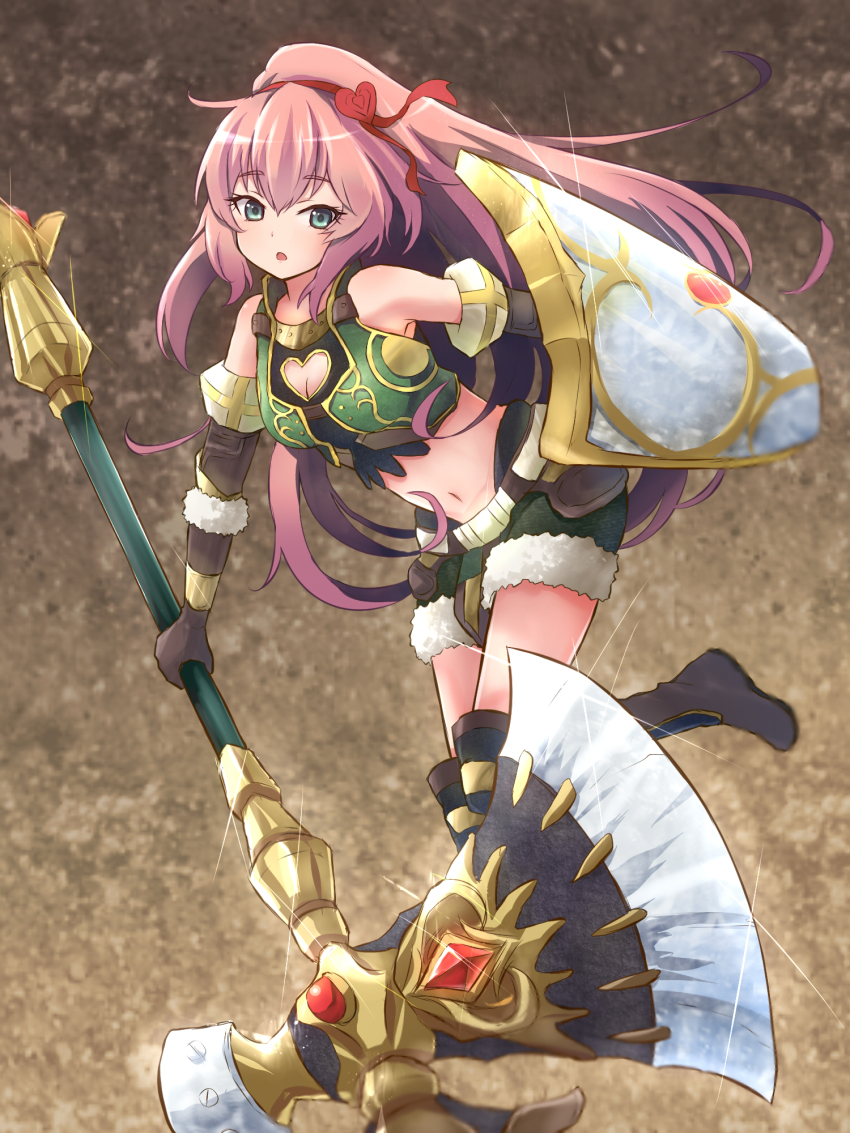 1girl aqua_eyes axe bare_shoulders battle_axe boots breasts brown_background brown_gloves cleavage cleavage_cutout clothing_cutout crop_top elbow_gloves fur_trim gloves green_shorts green_vest hair_between_eyes hair_ornament hair_ribbon halphas_(megido72) heart highres holding holding_axe holding_shield holding_weapon huge_weapon knee_boots long_hair looking_at_viewer medium_breasts megido72 midriff navel open_mouth pink_hair pochita_(pochitaiko) ponytail red_ribbon ribbon shield shorts solo very_long_hair vest weapon