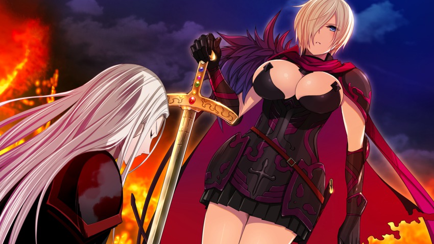 1boy 1girl armor belt black_skirt blue_eyes breasts cape cleavage closed_eyes fire game_cg gilles_de_rais_le_chevalier_ensanglantée hair_over_one_eye huge_breasts impossible_clothes jeanne_la_sorcière kneeling legs long_hair looking_down night sagara_riri serious sheath short_hair shoulder_pads skirt sky standing sword thighs tokeidai_no_jeanne:_jeanne_à_la_tour_d&#039;horloge weapon white_hair