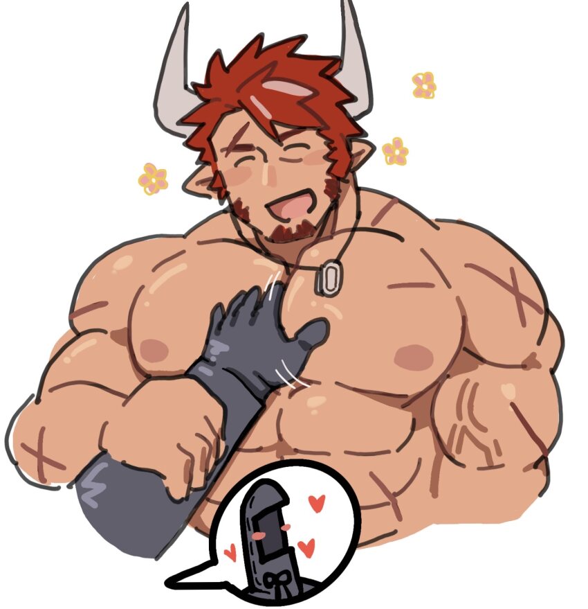 1boy :d ^_^ abs animal_ears arknights bara closed_eyes cow_boy cow_ears cow_horns cropped_torso doctor_(arknights) dog_tags guided_pectoral_grab happy_aura highres horns humus_(arknights) huwenlang large_pectorals male_focus motion_lines multicolored_hair multiple_scars muscular muscular_male nipples open_mouth pectorals red_hair scar short_hair smile solo_focus streaked_hair thick_eyebrows