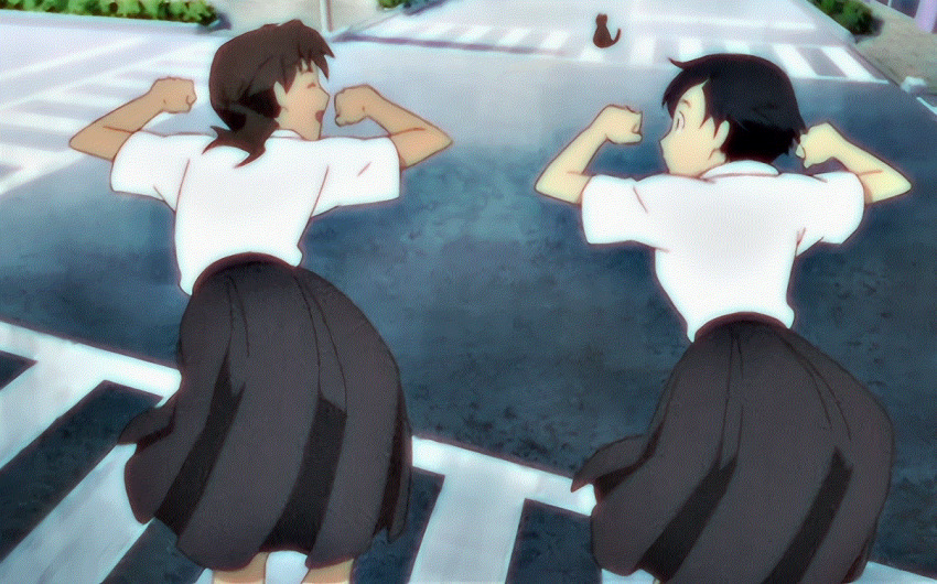 00s animated animated_gif ass_shake black_hair blood+ brown_hair cat dancing kinjou_kaori otonashi_saya school_uniform serafuku shirt short_hair short_sleeves skirt