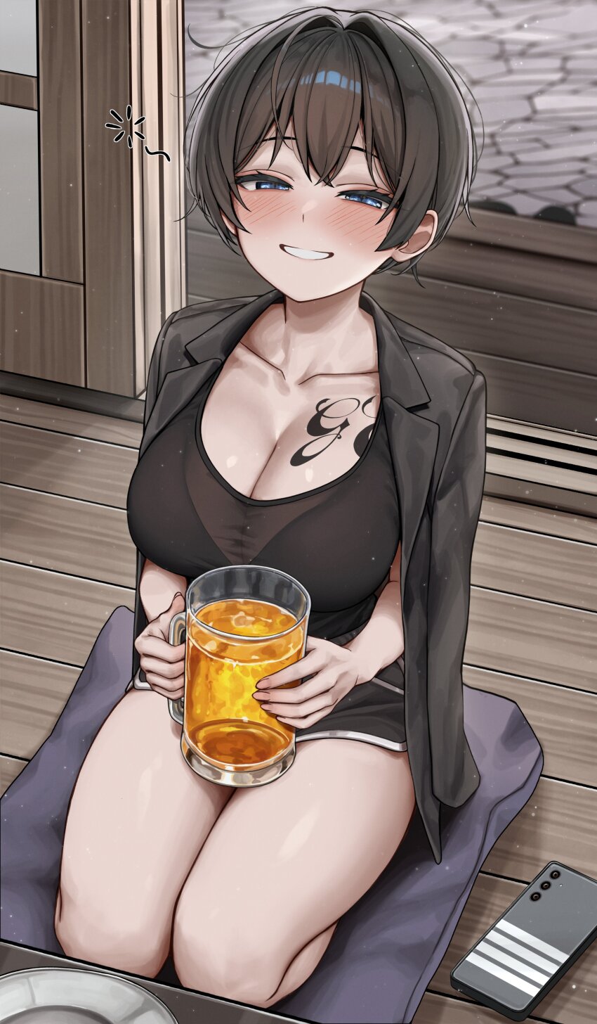 1girl absurdres alcohol beer beer_mug black_bra black_coat black_hair black_shorts blue_eyes blush bra bra_visible_through_clothes breast_tattoo cellphone coat coat_on_shoulders cup dolphin_shorts gwan-e half-closed_eyes highres holding holding_cup kneeling mug open_clothes open_coat original phone see-through_clothes see-through_shirt shirt short_hair shorts sliding_doors smartphone smile stone_floor table tattoo thighs tsukasa_karin_(gwan-e) underwear wooden_floor