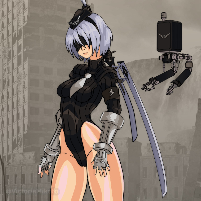 1girl 2b_(nier:automata) blindfold bodysuit capcom gauntlets hat heattech_leotard highres leotard mind_control necktie nier:automata nier_(series) reprogrammed robot robot_girl self-upload shadaloo_dolls simple_background square_enix street_fighter sword turtleneck weapon white_hair