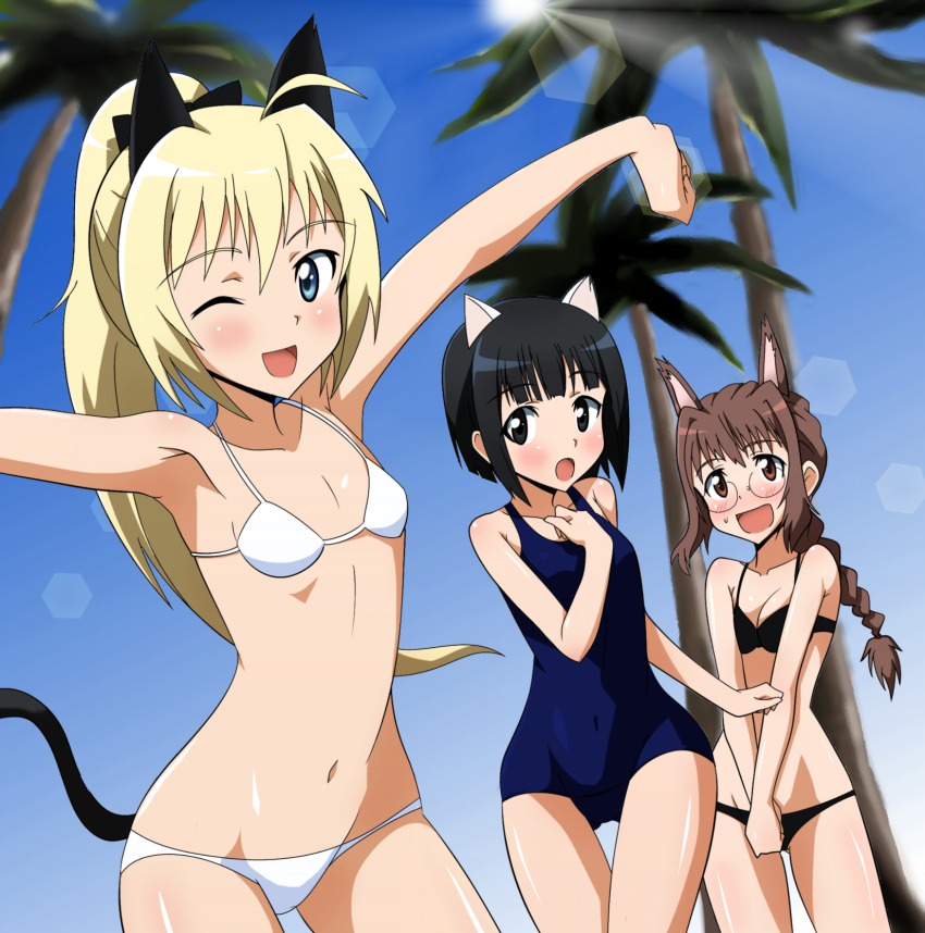 3girls :d :o ;d animal_ears armpits bikini black_eyes black_hair blonde_hair blue_eyes braid brown_eyes brown_hair cat_ears cat_tail charlotte_(strike_witches) charlotte_lueder glasses highres inagaki_mami kitano_furuko lens_flare long_hair multiple_girls navel one-piece_swimsuit one_eye_closed open_mouth outstretched_arms rabbit_girl school_swimsuit short_hair smile spread_arms strike_witches swimsuit tail thigh_gap v_arms wink witches_of_africa world_witches_series yumekaranigeruna