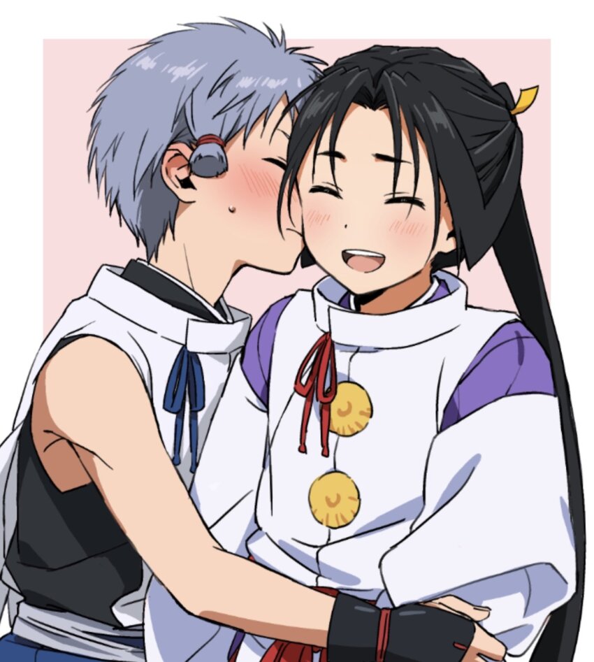 2boys :d armpit_crease black_hair blue_bow blunt_tresses blush border bow closed_eyes commentary curtained_hair dot_nose grey_hair grey_sash hand_on_another&#039;s_arm happy highres houjou_tokiyuki_(nige_jouzu_no_wakagimi) hug japanese_clothes kariginu kimono kiss kissing_cheek long_hair long_sleeves male_focus motoyui multiple_boys nezu_kojirou nige_jouzu_no_wakagimi noji_wk open_mouth outside_border parted_bangs pink_background ponytail purple_eyes raised_eyebrow red_bow red_sash sash short_bangs short_hair sidelocks_tied_back simple_background sleeveless sleeveless_kimono smile sweatdrop teeth upper_body upper_teeth_only v-shaped_eyebrows very_long_hair very_short_hair white_border wide_sleeves wrist_guards yaoi