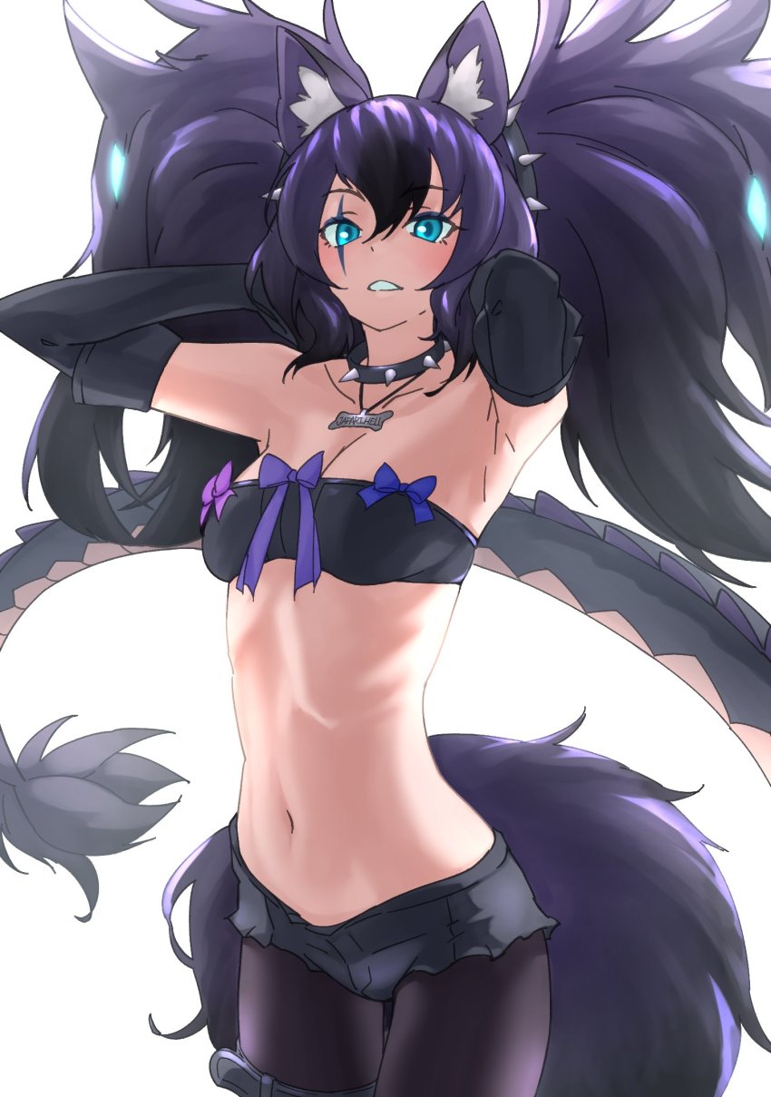 1girl animal_ear_fluff animal_ears arms_behind_head black_gloves black_hair black_pantyhose black_shorts blue_eyes breasts cerberus_(kemono_friends) collar commentary dog_ears dog_girl duplicate elbow_gloves gloves hair_between_eyes highres kemono_friends leg_belt long_hair looking_at_viewer medium_breasts navel pantyhose pantyhose_under_shorts parted_lips purple_hair scar scar_across_eye scar_on_face short_hair short_shorts shorts simple_background solo spiked_collar spikes stomach tail tanabe_(fueisei) thigh_gap twintails white_background