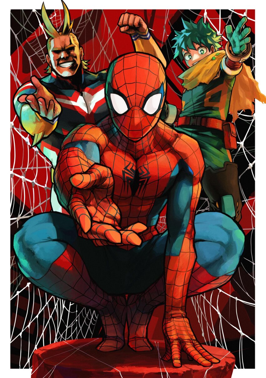 all_might boku_no_hero_academia crossover highres horikoshi_kouhei marvel midoriya_izuku non-web_source spider-man_(series)