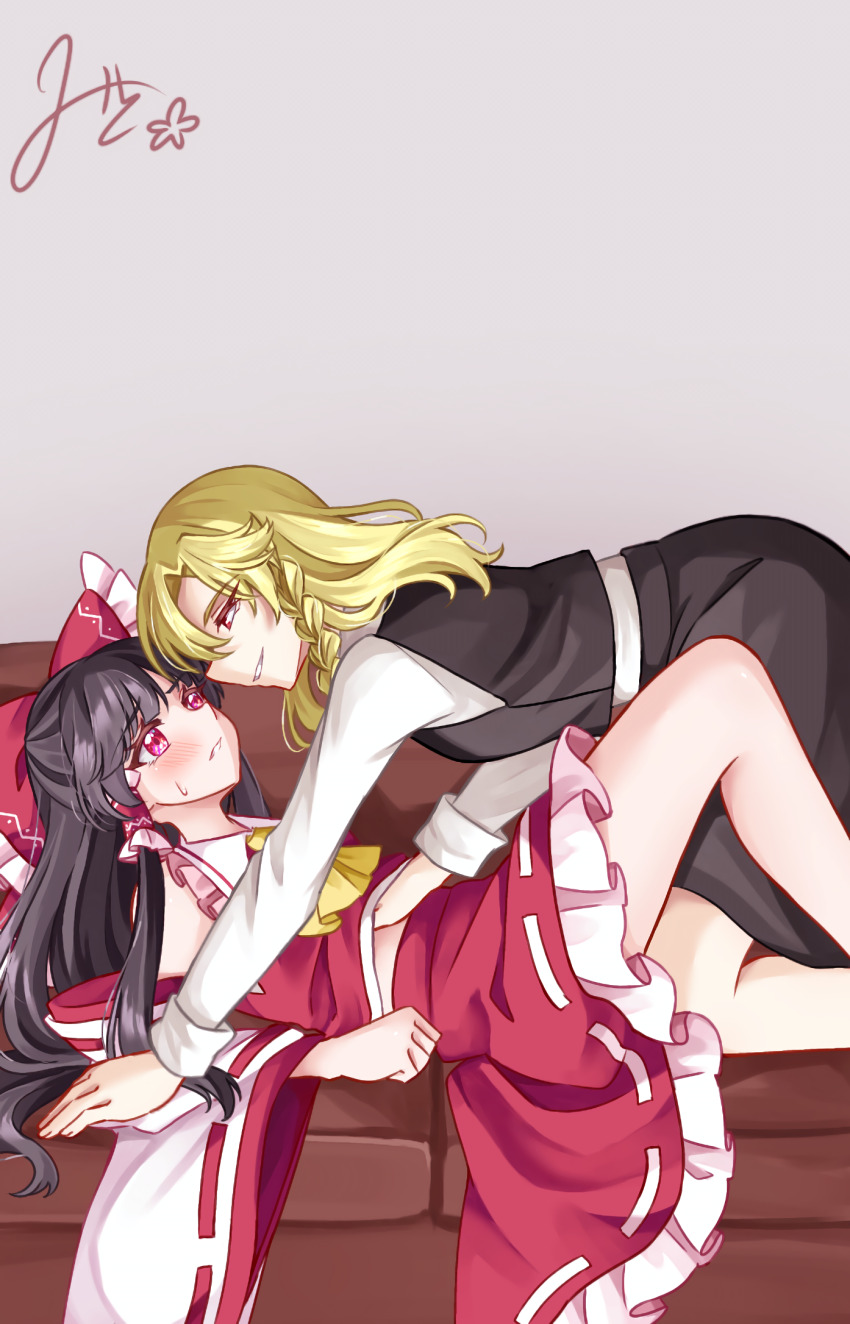 2girls ascot black_hair black_skirt black_vest blonde_hair blush bow braid commentary_request couch detached_sleeves eye_contact frilled_bow frilled_hair_tubes frilled_skirt frills hair_bow hair_tubes hakurei_reimu hand_under_clothes hand_under_shirt highres kirisame_marisa long_hair long_sleeves looking_at_another lying mito_(fate) multiple_girls no_headwear on_back on_couch red_bow red_eyes red_shirt red_skirt ribbon-trimmed_sleeves ribbon_trim shirt side_braid signature single_braid skirt skirt_set sleeveless sleeveless_shirt smile sweatdrop touhou vest white_shirt yellow_ascot yukadon yuri