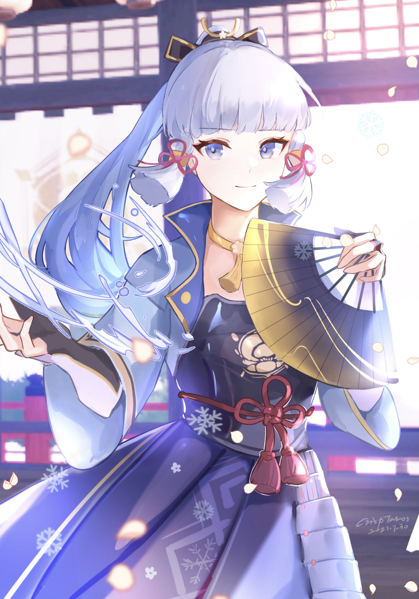 1girl absurdres armor ayaka_(genshin_impact) blue_eyes blue_hair blunt_bangs breastplate crackingtaro dress fingerless_gloves folding_fan genshin_impact gloves hair_ornament hand_fan highres holding holding_fan looking_at_viewer ponytail sidelocks smile vambraces