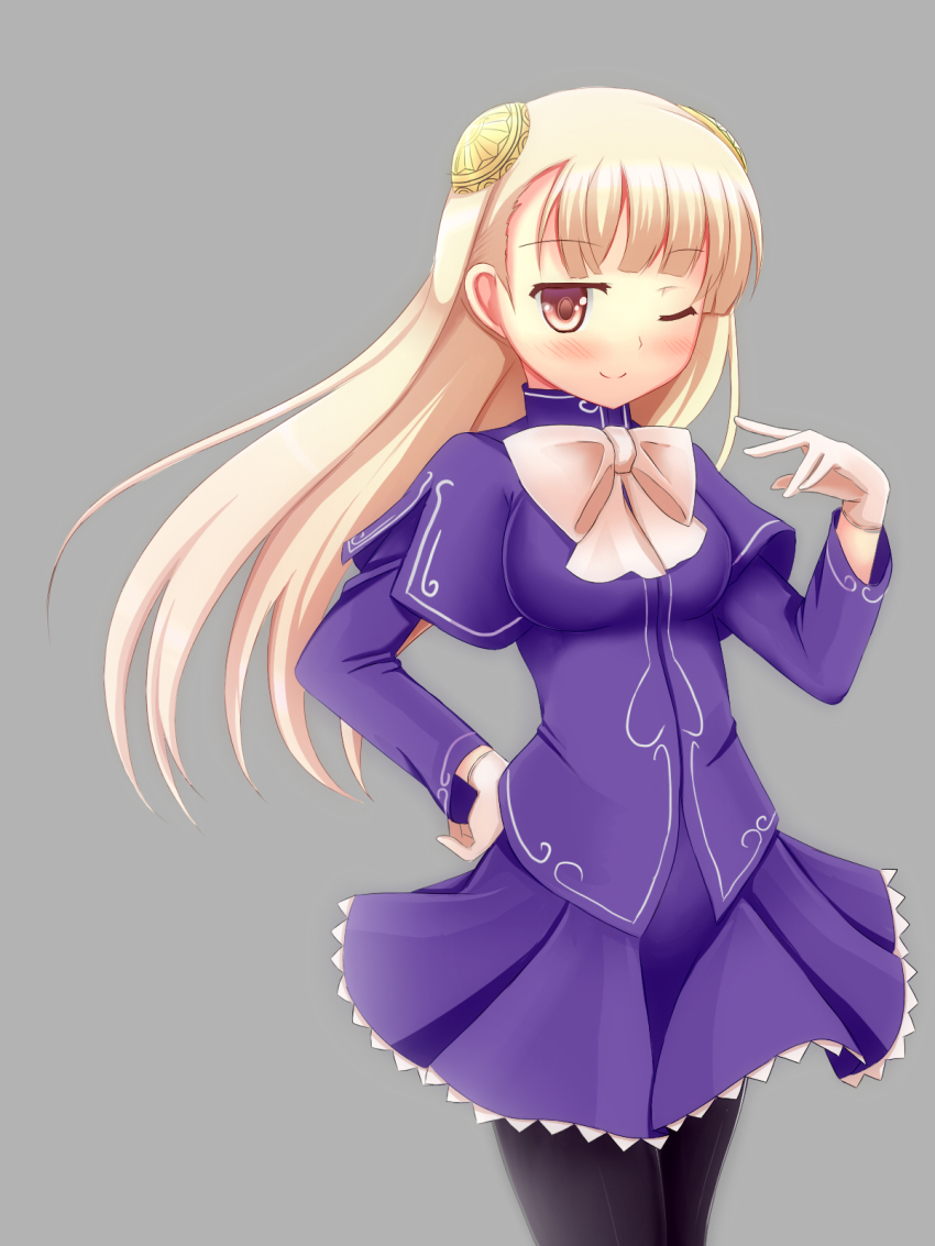 1girl blonde_hair blush bow breasts capcom capcom_fighting_jam dress female_focus gloves godharo1 hairpods hand_on_own_hip highres hip_focus ingrid_(capcom) long_hair one_eye_closed pantyhose red_eyes solo wink