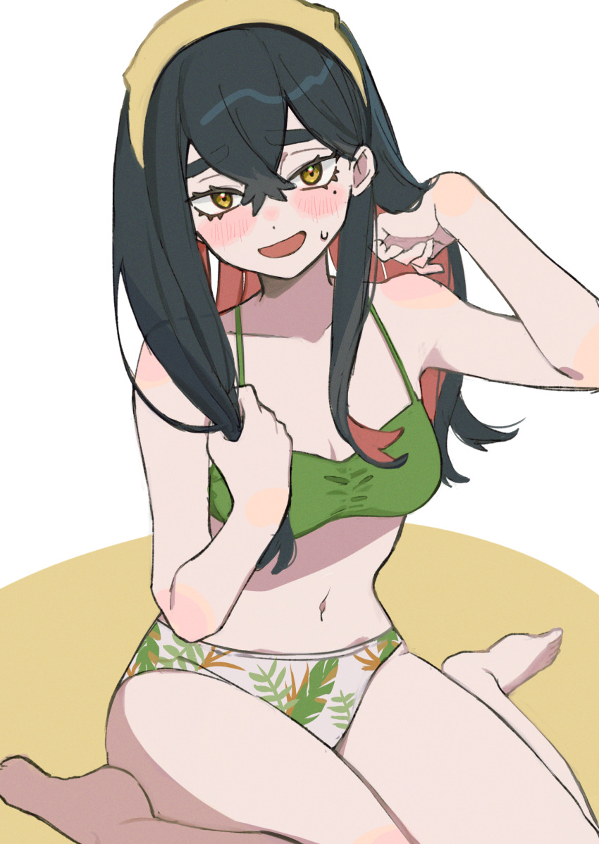 1girl barefoot bikini black_hair blush bow_hairband breasts carmine_(pokemon) cleavage commentary_request creatures_(company) crossed_bangs furukawa_raku game_freak green_bikini hair_between_eyes hairband hand_in_own_hair highres leaf_print long_hair looking_at_viewer medium_breasts mole mole_under_eye nintendo open_mouth pokemon pokemon_sv red_hair simple_background sitting solo swimsuit two-tone_background yellow_eyes