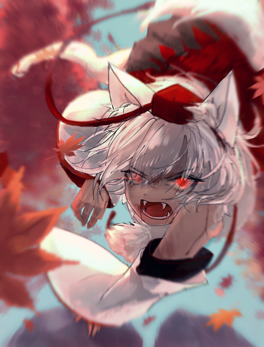 1girl angry animal_ears blood blood_on_face blue_eyes blurry blurry_background commentary_request fangs hat highres inubashiri_momiji jumping leaf looking_at_viewer maple_leaf open_mouth red_eyes red_hat shee_take solo tokin_hat touhou wolf_ears wolf_girl