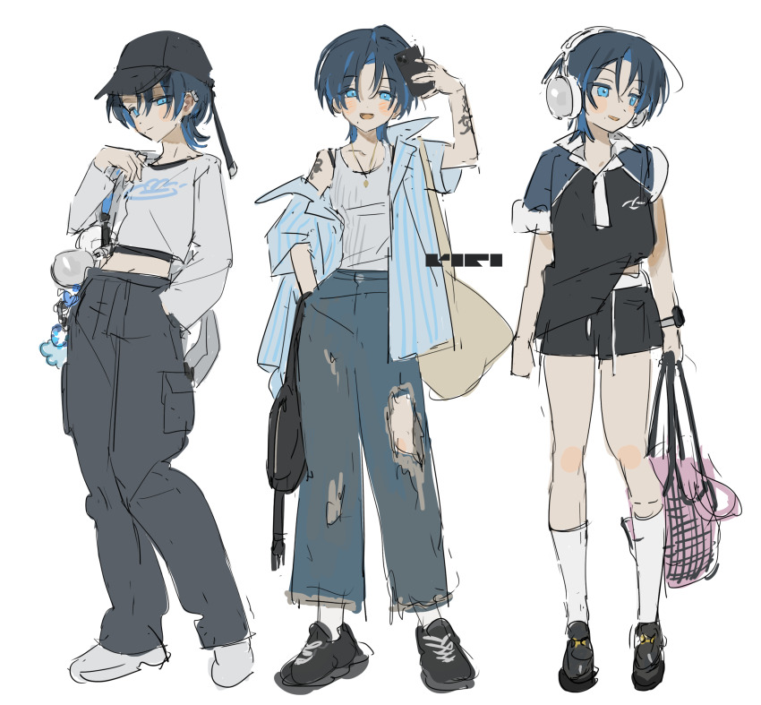 1girl absurdres alternate_costume bag black_footwear black_hat black_shirt blue_eyes blue_hair blush cellphone denim flat_chest frost_fog hat headphones highres hiodoshi_ao holding holding_bag holding_phone hololive hololive_dev_is jacket jeans kneehighs off_shoulder pants phone pink_bag shirt shoes short_hair smartphone sneakers socks striped_clothes striped_jacket torn_clothes torn_jeans torn_pants vertical-striped_clothes vertical-striped_jacket virtual_youtuber white_footwear white_headphones white_shirt