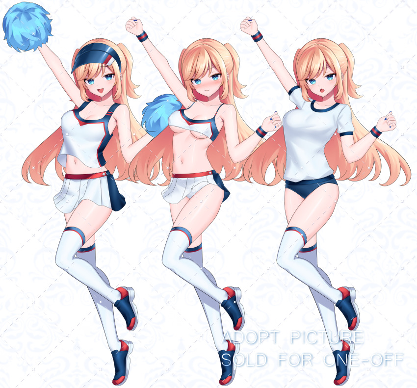 1girl absurdres arm_up bare_shoulders blonde_hair blue_buruma blue_eyes breasts buruma crop_top gym_uniform highres holding holding_pom_poms long_hair looking_at_viewer medium_breasts midriff miniskirt multiple_views navel neit_ni_sei open_mouth original panties pantyshot pleated_skirt pom_pom_(cheerleading) pom_poms shirt shoes skirt sleeveless sleeveless_shirt spaghetti_strap stomach sweatband thighhighs thighs two_side_up underboob underwear white_panties white_shirt white_skirt white_thighhighs