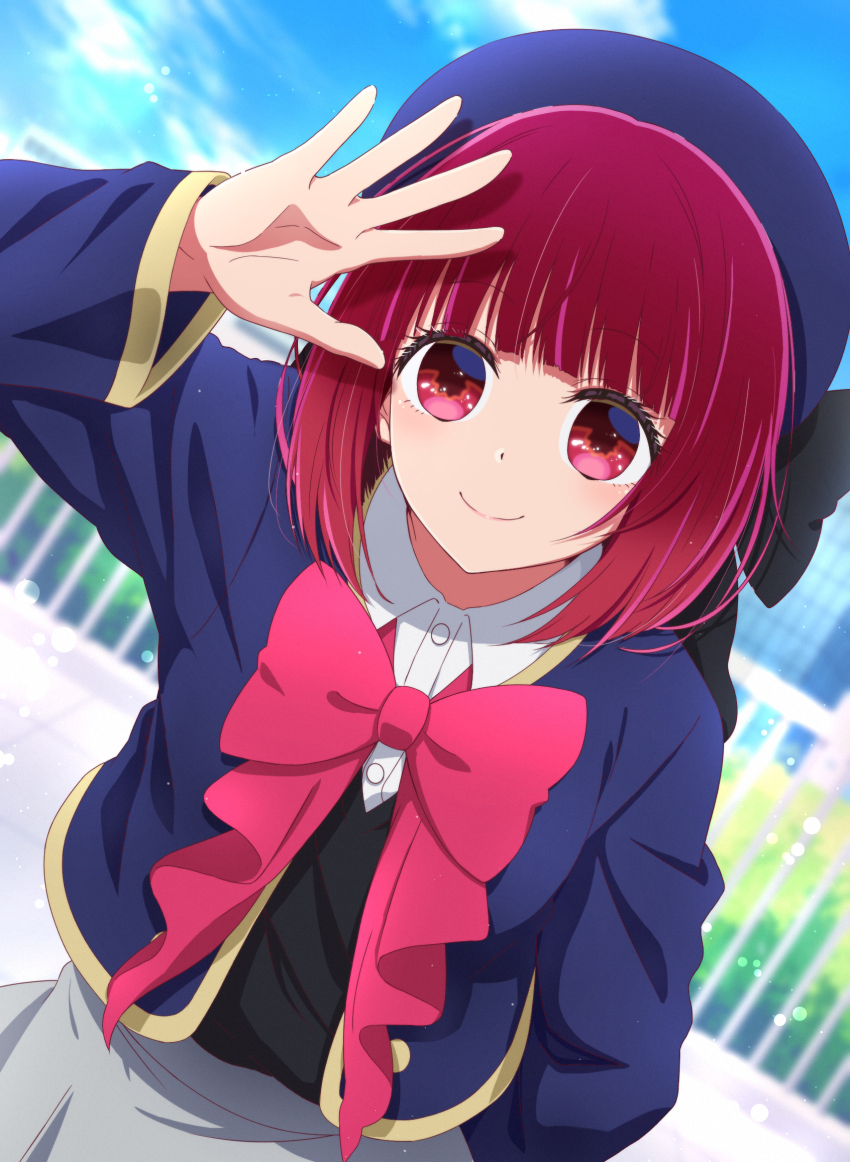 1girl arima_kana arm_up beret black_bow black_vest blue_hat blue_jacket blue_sky blurry blurry_background bow closed_mouth cloud collared_shirt commentary_request day depth_of_field dress_shirt dutch_angle grey_skirt hat hat_bow highres jacket looking_at_viewer open_clothes open_jacket oshi_no_ko outdoors pink_bow pleated_skirt purple_eyes purple_hair railing shirt skirt sky smile solo vest white_shirt x-6