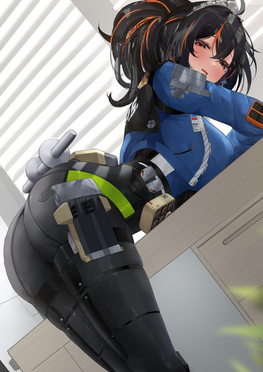 1girl absurdres ass bent_over black_hair black_pants blue_jacket blush breasts desk highres jacket large_breasts long_hair long_sleeves looking_at_viewer looking_back multicolored_hair n9at open_mouth orange_hair pants ponytail red_eyes solo streaked_hair thighs zenless_zone_zero zhu_yuan