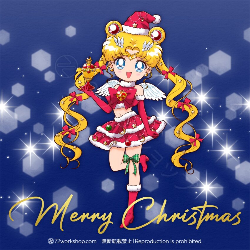 72workshop angel_wings bare_shoulders bishoujo_senshi_sailor_moon blonde_hair blue_eyes boots bow bowtie christmas circlet double_bun earrings elbow_gloves gloves hair_bun hat high_collar high_heel_boots high_heels highres jewelry long_hair looking_at_viewer merry_christmas midriff miniskirt navel red_bow red_bowtie red_footwear red_gloves red_skirt red_tank_top sailor_moon santa_hat skirt smile tank_top tsukino_usagi twintails wings