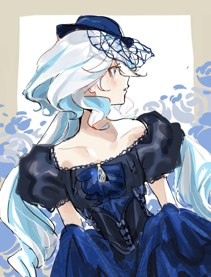 1girl alternate_costume bare_shoulders blue_dress blue_hair blue_hat brooch dress furina_(genshin_impact) genshin_impact hat highres jewelry multicolored_hair off-shoulder_dress off_shoulder parted_lips short_sleeves solo streaked_hair talesofmea white_hair