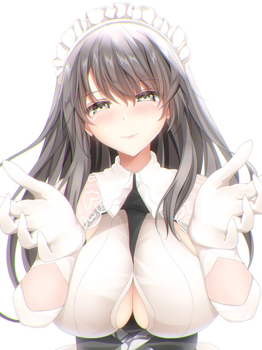 1girl azur_lane between_breasts black_necktie breasts charybdis_(azur_lane) clothing_cutout gloves grey_eyes grey_hair hair_between_eyes highres large_breasts long_hair looking_at_viewer maid_headdress momijizuki_luna necktie necktie_between_breasts simple_background solo underboob underboob_cutout upper_body white_background white_gloves