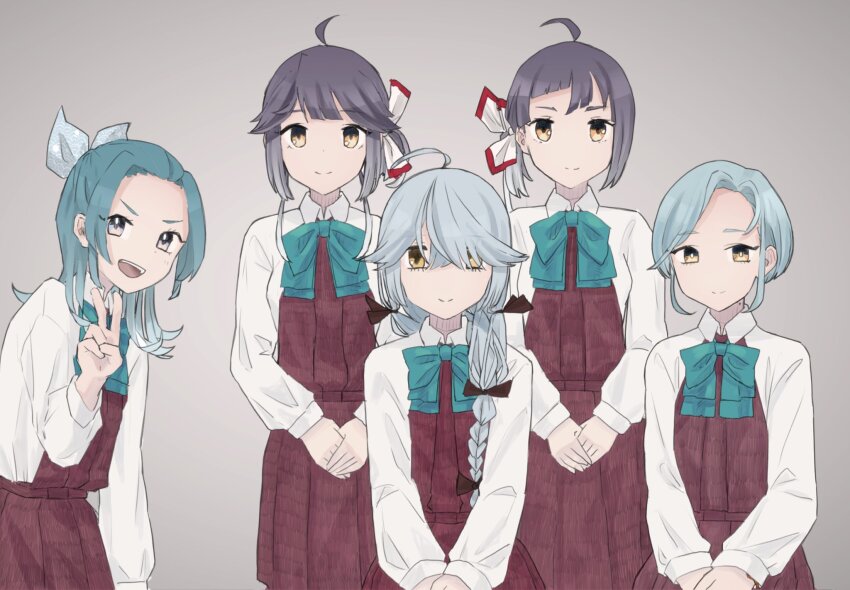 5girls ahoge black_hair black_ribbon bonozako braid collared_shirt dress dress_shirt forehead fujinami_(kancolle) gradient_hair green_eyes green_hair grey_hair hair_over_eyes hair_ribbon half_updo halter_dress halterneck hamanami_(kancolle) hayanami_(kancolle) highres kantai_collection long_hair medium_hair mole mole_on_neck multicolored_hair multiple_girls ribbon school_uniform shirt short_hair side_ponytail single_braid sitting sleeveless sleeveless_dress standing suzunami_(kancolle) swept_bangs tamanami_(kancolle) v v_arms white_hair white_ribbon white_shirt yellow_eyes