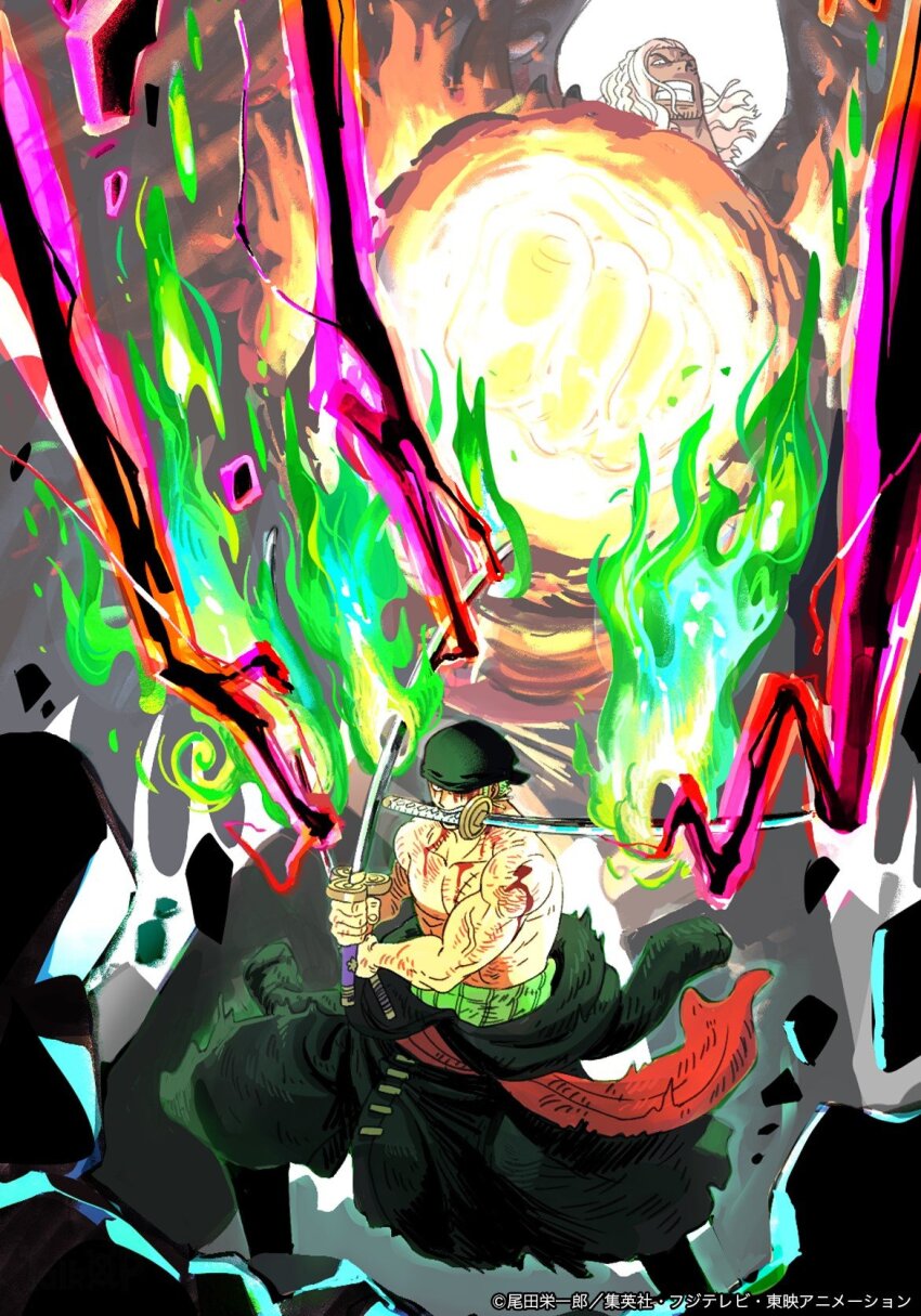 2boys attack aura bandana black_kimono blood blood_on_chest blood_on_face boots clenched_teeth commentary earrings english_commentary facial_hair fire goatee haramaki highres holding holding_sword holding_weapon japanese_clothes jewelry kimono king_(one_piece) matsuda_midori multiple_boys official_art one_piece red_sash roronoa_zoro sash sword teeth topless_male weapon weapon_in_mouth white_hair