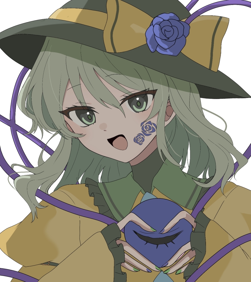 1girl :d aliasing bow collared_shirt d9ysbx288350 eyeball facial_mark fingernails floral_print flower_facial_mark frilled_shirt_collar frills green_eyes green_hair green_hat green_nails hat hat_bow heart heart_hands highres komeiji_koishi long_sleeves looking_at_viewer medium_hair multicolored_nails nail_polish open_mouth portrait purple_nails rose_print shirt sleeves_past_wrists smile solo third_eye touhou white_background yellow_bow yellow_shirt