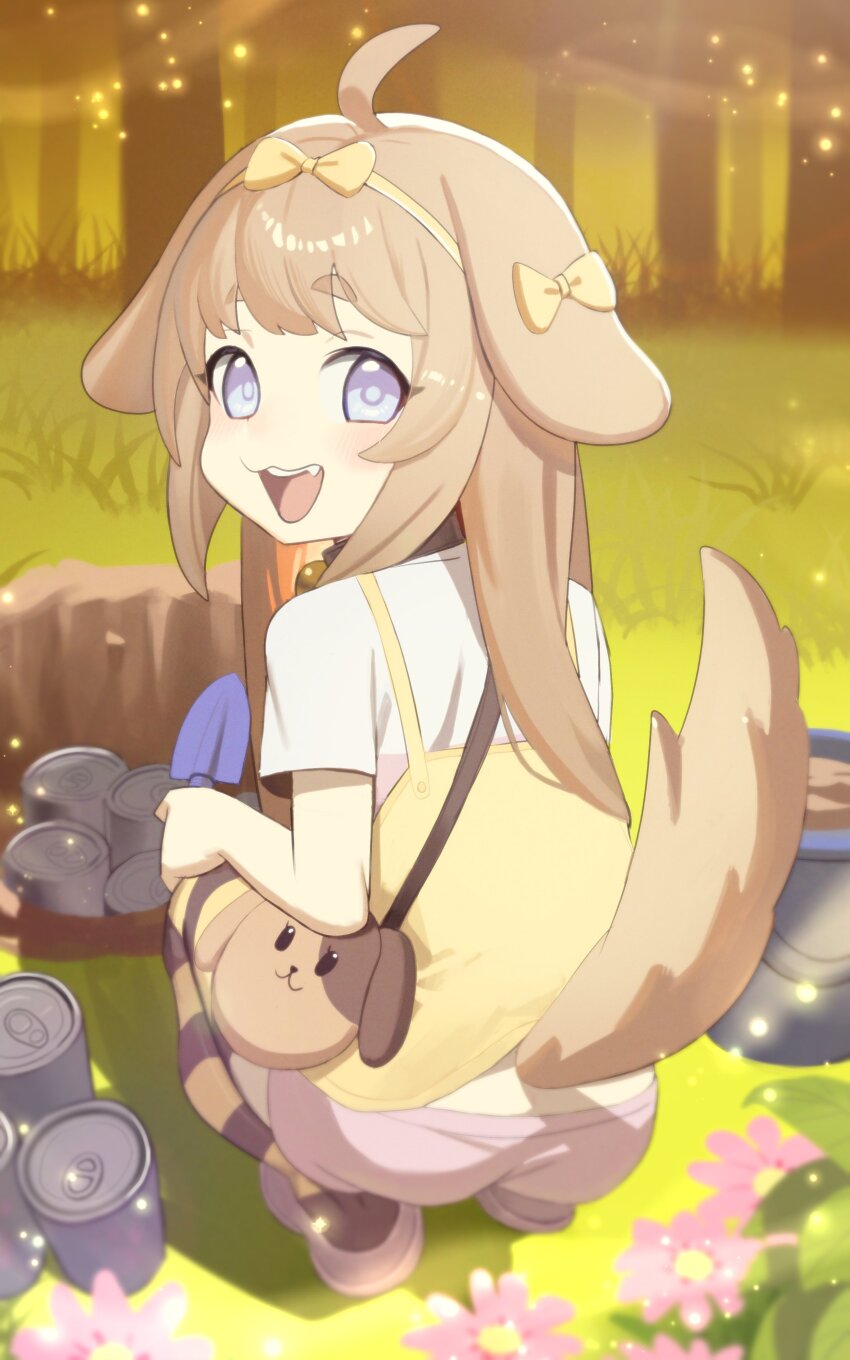 1girl absurdres ahoge animal_ears ass bag bell blue_eyes bow brown_hair bucket butter_(trickcal) can canned_food collar daibo44 digging dog_ears dog_girl dog_tail fang forest from_behind hair_bow highres hole horizontal-striped_thighhighs jingle_bell long_hair looking_back nature neck_bell open_mouth outdoors pink_footwear pink_shorts ribbon shirt shoes short_sleeves shorts smile solo squatting striped_clothes striped_thighhighs tail thighhighs tree trickcal white_shirt yellow_ribbon yellow_shirt