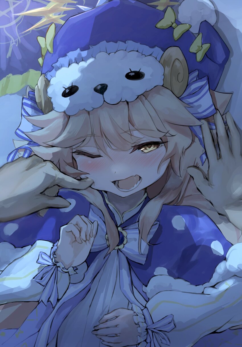 blonde_hair capelet cheek_poking fur-trimmed_capelet fur_trim hajime_ssa_sa_n hat highres long_hair monster_strike nightcap one_eye_closed open_mouth poking pov ramiel_(monster_strike) ribbon sleepwear