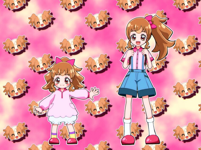 @est@ age_progression aged_down backpack bag bloomers blue_overalls blush bow brown_hair commentary_request dress dress_shoes hair_bow highres inukai_komugi inukai_komugi_(dog) open_mouth overalls papillon_(dog) pink_shirt pocket precure shirt side_ponytail socks underwear wonderful_precure!