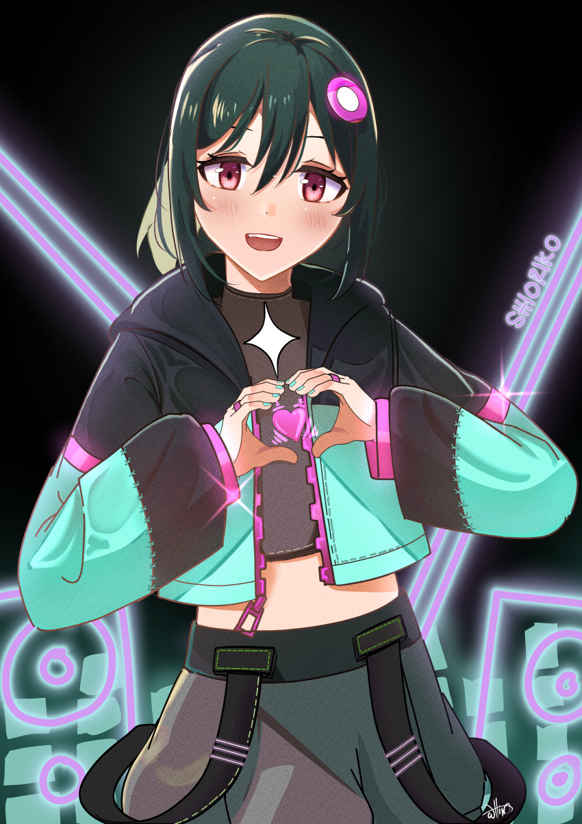 1girl absurdres black_background black_jacket blush character_name commentary cropped_jacket cropped_shirt english_commentary go_our_way! green_hair green_jacket grey_shirt grey_shorts hair_between_eyes hair_ornament heart heart_hands highres hood hood_down hooded_jacket jacket jewelry long_sleeves looking_at_viewer love_live! love_live!_nijigasaki_high_school_idol_club medium_hair midriff mifune_shioriko multicolored_clothes multicolored_jacket neon_lights official_alternate_hairstyle open_clothes open_jacket open_mouth ponytail red_eyes ring shirt shorts sidelocks smile solo sparkle standing teeth upper_teeth_only whin