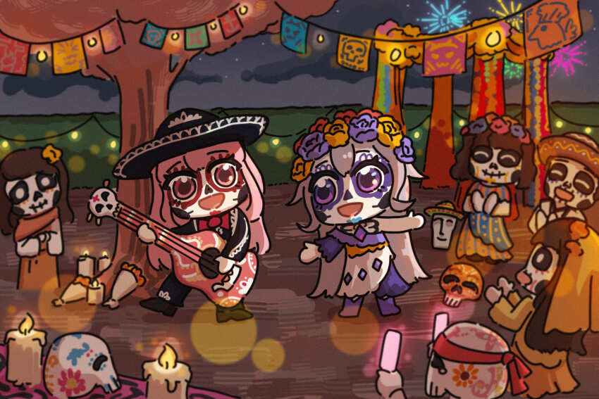 6+others bing_huyue bow bowtie candle chibi clapping commentary dancing deadbeat_(mori_calliope) dia_de_muertos dress english_commentary facepaint festival fireworks flower guitar hat head_wreath headband highres hololive hololive_english instrument koseki_bijou long_hair mariachi mexico moai mori_calliope multiple_others music night papel_picado pink_hair purple_eyes purple_hair red_bow red_bowtie red_eyes red_headband singing skull sombrero tree virtual_youtuber