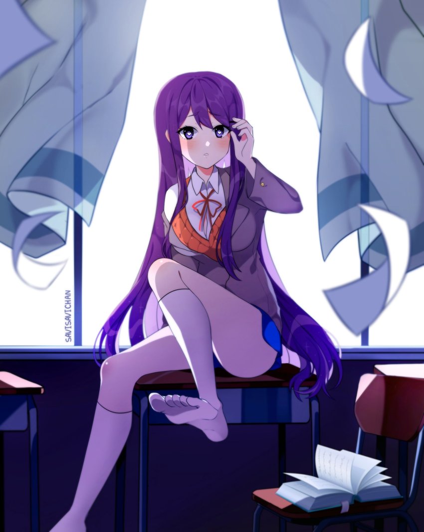 1girl artist_name backlighting blue_skirt blush book bookmark chair commentary curtains desk doki_doki_literature_club english_commentary grey_jacket hair_ornament hairclip heart heart-shaped_pupils highres indoors jacket kneehighs long_hair looking_at_viewer no_shoes off_shoulder open_book orange_vest parted_lips purple_eyes savi_(byakushimc) school_desk school_uniform shirt sitting skirt socks solo symbol-shaped_pupils toes very_long_hair vest white_socks white_shirt wind yuri_(doki_doki_literature_club)