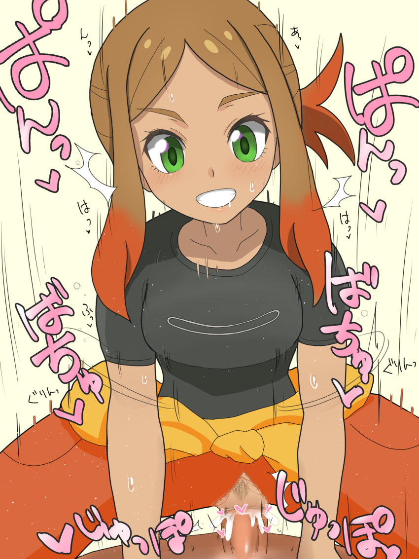 1boy 1girl black_shirt breasts brown_hair cowgirl_position creatures_(company) dark-skinned_female dark_skin game_freak gradient_hair green_eyes highres multicolored_hair nintendo orange_hair orla_(pokemon) pokemon pokemon_(anime) pokemon_horizons sex shirt simesaba_(xwdt4337) smile straddling sweat