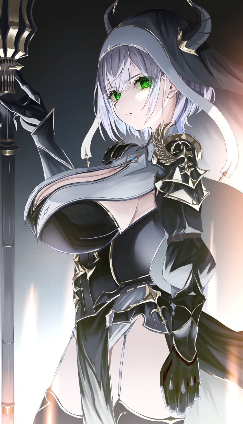 1girl absurdres black_dress black_gloves black_hat black_thighhighs breast_curtains breasts cleavage demon_horns dress gloves grey_hair habit hat highres holding holding_polearm holding_weapon hololive horns large_breasts looking_at_viewer nun official_alternate_costume polearm shirogane_noel shirogane_noel_(nun) short_hair sideboob solo thighhighs thighs virtual_youtuber visitofsiki weapon