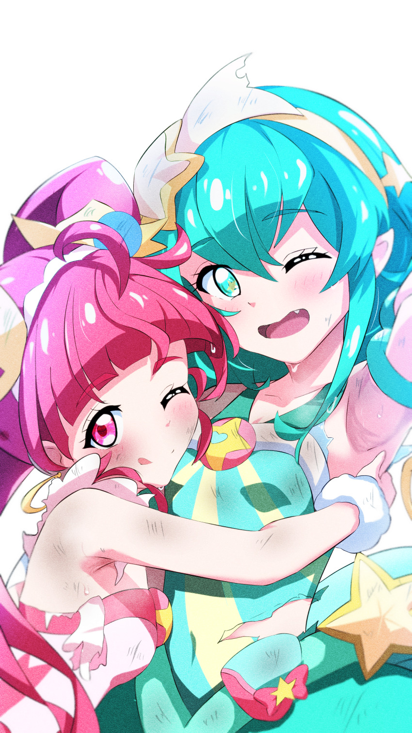 2girls ;d ;q absurdres armpits blue_eyes blue_hair breasts commentary_request cure_milky cure_star fang hagoromo_lala highres hoshina_hikaru hug looking_at_viewer magical_girl multiple_girls one_eye_closed open_mouth pink_eyes pink_hair precure sanami_(sanami_t_38) short_hair small_breasts smile star_twinkle_precure sweat tongue tongue_out torn_clothes