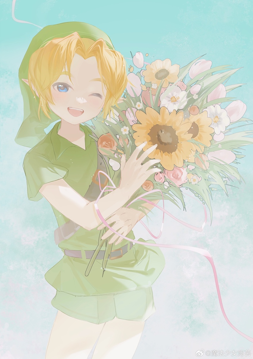 1boy absurdres belt belt_buckle blonde_hair blue_background bouquet brown_belt buckle child chinese_commentary commentary_request cowboy_shot flower green_shorts green_tunic hat highres holding holding_bouquet link looking_at_viewer male_focus nintendo one_eye_closed pink_flower pink_ribbon pink_rose pointy_ears ribbon rose shorts smile solo standing sunflower teeth the_legend_of_zelda the_legend_of_zelda:_ocarina_of_time tunic upper_teeth_only white_flower young_link yun_(dl2n5c7kbh8ihcx)