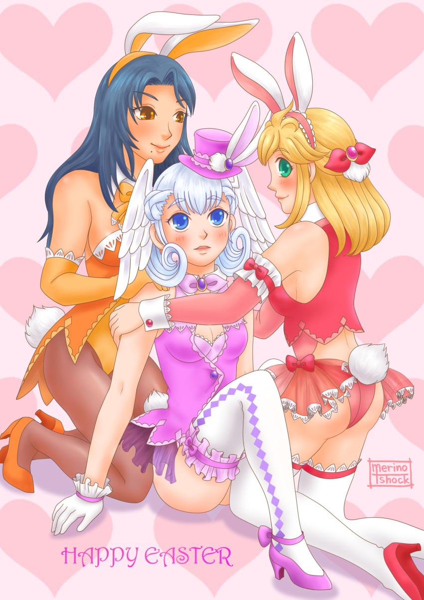 3girls absurdres animal_ears ass bare_shoulders blonde_hair blue_eyes blue_hair blush breasts dark-skinned_female dark_skin elbow_gloves fake_animal_ears fiora_(xenoblade) gloves green_eyes hat head_wings highres large_breasts leotard long_hair looking_at_viewer looking_back melia_antiqua merino_shock multiple_girls nintendo open_mouth pantyhose parted_lips playboy_bunny rabbit_ears rabbit_tail sharla_(xenoblade) short_hair sideboob smile tail thighhighs white_hair wings xenoblade_chronicles_(series) yellow_eyes