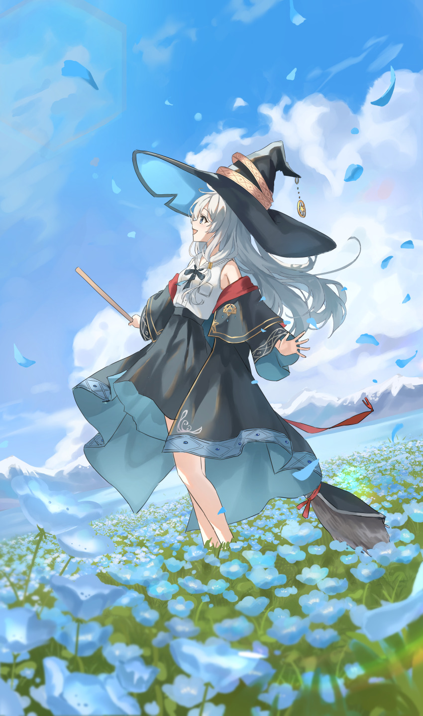 1girl absurdres bare_shoulders black_hat black_robe black_skirt blue_eyes broom cloud cloudy_sky commentary_request day elaina_(majo_no_tabitabi) falling_petals field flower flower_field from_side hat highres holding holding_broom k2_(kazu1030) long_hair long_sleeves majo_no_tabitabi mountainous_horizon off_shoulder open_clothes open_mouth open_robe outdoors petals robe shirt skirt sky sleeveless sleeveless_shirt smile solo white_hair white_shirt witch witch_hat