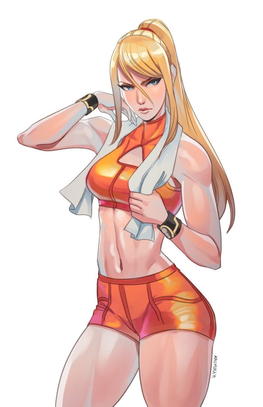 1girl absurdres blonde_hair blue_eyes clothing_cutout cowboy_shot crop_top hair_between_eyes hair_tie highres holding holding_towel lips long_hair looking_to_the_side mauricio_mora metroid metroid:_zero_mission midriff navel nintendo orange_shorts orange_tank_top ponytail samus_aran shorts sidelocks solo super_smash_bros. swept_bangs tank_top thighs toned toned_female towel towel_around_neck white_background wristband