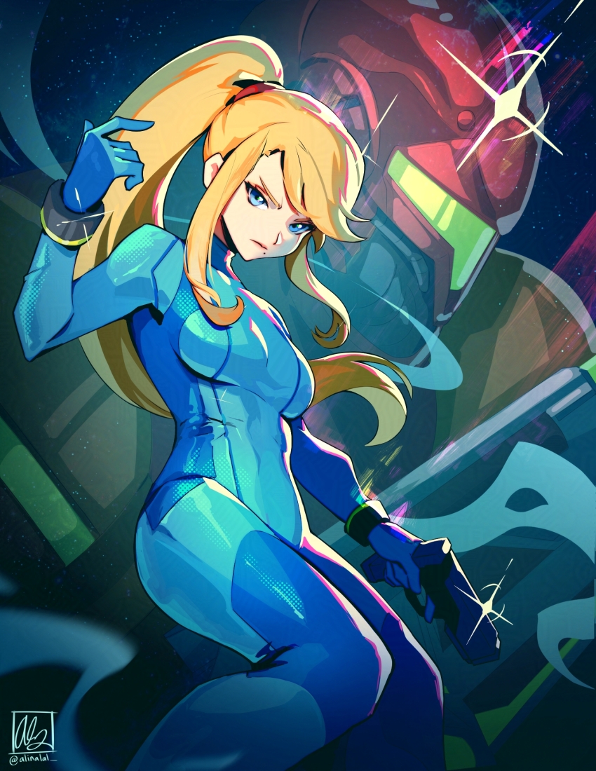 1girl alina_l arm_cannon blonde_hair blue_bodysuit blue_eyes bodysuit breasts energy_gun gun high_ponytail highres holding holding_gun holding_weapon long_hair medium_breasts metroid mole mole_under_eye nintendo power_suit samus_aran solo_focus weapon zero_suit