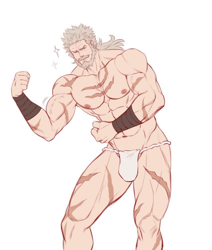 1boy abs absurdres bara beard bulge collarbone facial_hair feet_out_of_frame flexing fundoshi granblue_fantasy highres japanese_clothes k_sen212 large_pectorals long_hair male_focus male_underwear manly muscular mustache navel nipples pectorals scar solo soriz sparkle thick_thighs thighs underwear underwear_only white_male_underwear