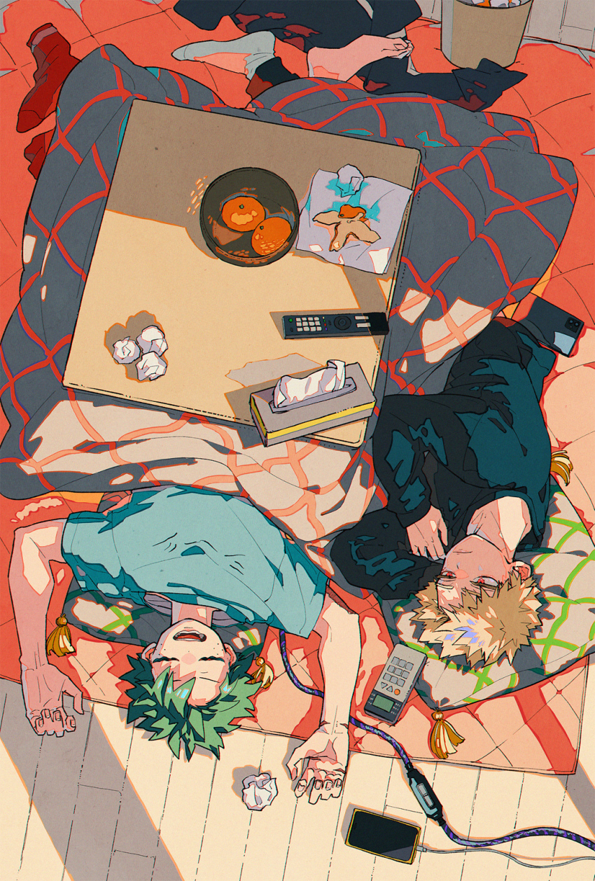 2boys ankle_socks bakugou_katsuki black_pants black_shirt blanket blonde_hair blue_shirt boku_no_hero_academia bowl cable calculator camera_phone cellphone chromatic_aberration closed_eyes closed_mouth clothes_writing commentary_request controller cushion dot_nose film_grain fingernails food freckles from_above fruit futon green_hair grey_socks hands_up head_on_hand highres kotatsu leg_on_another&#039;s_leg ligne_claire long_sleeves lying male_focus mandarin_orange midoriya_izuku multiple_boys multiple_scars object_request on_back on_side open_mouth orange_peel pants partial_commentary phone pillow push-button red_eyes red_socks remote_control scar scar_on_arm scar_on_hand shadow shirt short_hair short_sleeves side-by-side smartphone socks souko_(floyd) spiked_hair t-shirt table tissue_box trash_can two-sided_shirt under_kotatsu under_table unworn_socks used_tissue wavy_eyes wavy_mouth wooden_floor