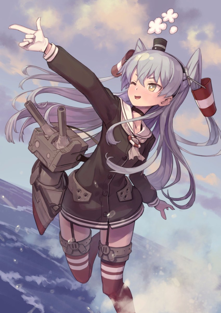 10s 1girl absurdres amatsukaze_(kancolle) blush cloud cloudy_sky garter_straps gloves highres kantai_collection katahira_(hiyama) long_hair looking_away maroon_legwear ocean one_eye_closed open_mouth outdoors pointing rensouhou-kun silver_hair sky smile thighhighs white_gloves yellow_eyes