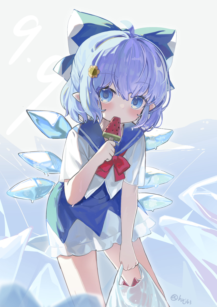 1girl adapted_costume ahoge artist_name bag blue_eyes blue_hair blue_sailor_collar blush bow bowtie cirno cirno_day commentary cowboy_shot dated flower food frilled_skirt frills hair_bow hair_flower hair_ornament highres holding holding_bag holding_food holding_popsicle hxj_(2324184595) ice ice_wings looking_at_viewer melting miniskirt plastic_bag pointy_ears popsicle red_bow red_bowtie sailor_collar shirt short_hair short_sleeves skirt sunflower sunflower_hair_ornament touhou twitter_username watermelon_bar wet wet_hair white_shirt wings