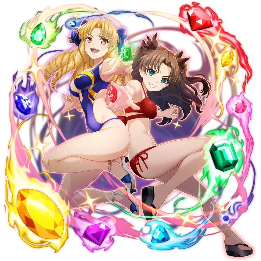 2girls absurdres bare_shoulders bikini blonde_hair blue_eyes breasts brown_hair fate/kaleid_liner_prisma_illya fate_(series) full_body grand_summoners grin high_heels highres large_breasts legs long_hair luviagelita_edelfelt multiple_girls official_art open_mouth shoes smile swimsuit thighs tohsaka_rin transparent_background yellow_eyes