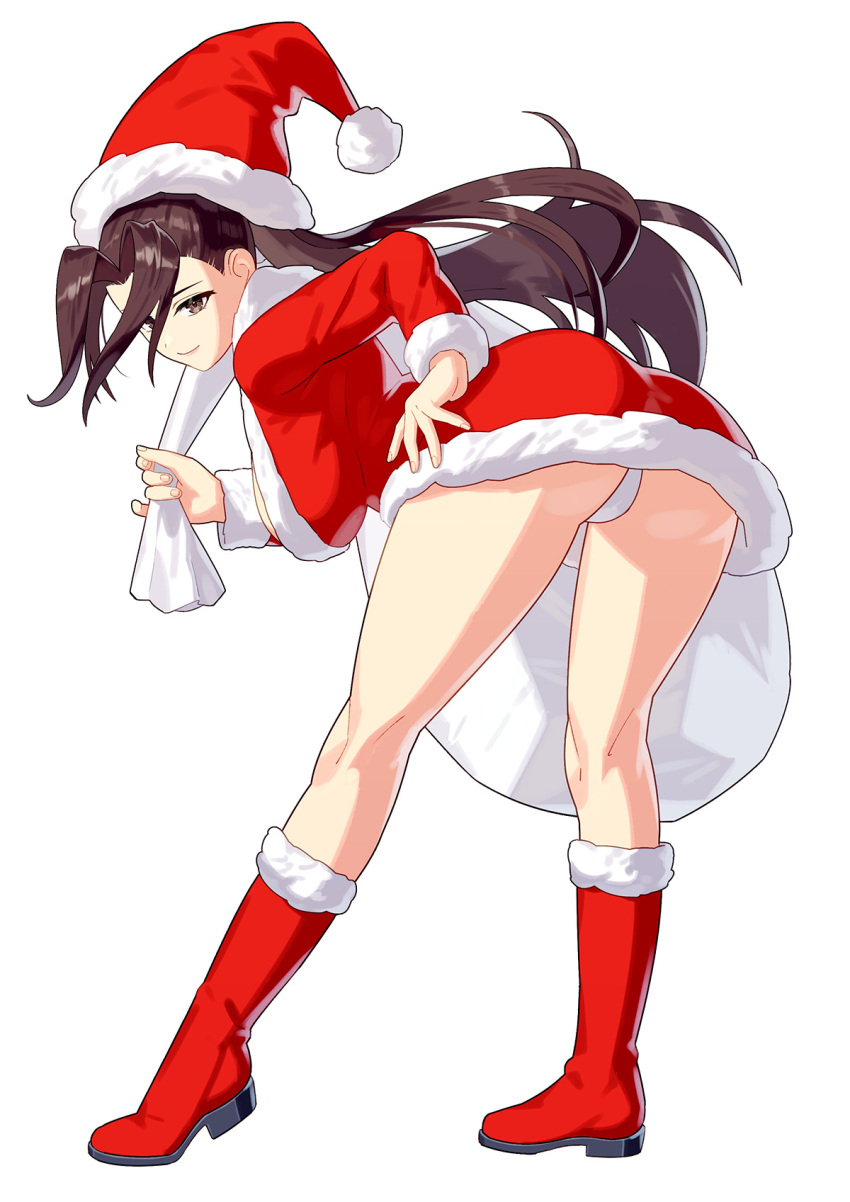 1girl ass bent_over boots breasts brown_eyes brown_hair christmas closed_mouth commentary_request dress fatal_fury fur-trimmed_dress fur_trim hat highres holding holding_sack large_breasts long_hair looking_at_viewer looking_back panties pantyshot red_dress red_footwear red_hat sack santa_costume santa_hat shiranui_mai short_dress simple_background smile solo the_king_of_fighters underwear white_background white_bag yagi2013