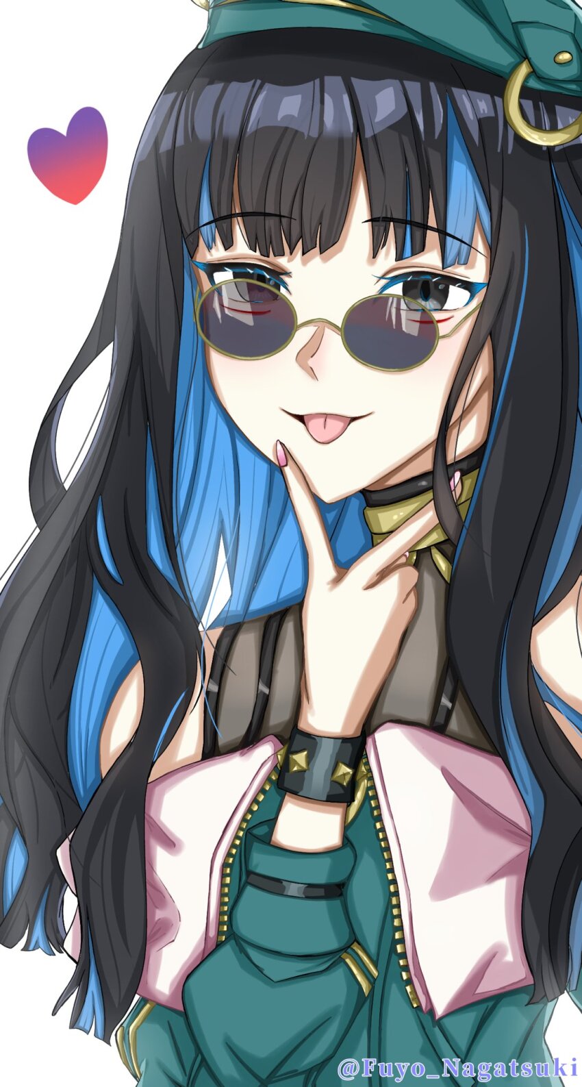 1girl beret blue-tinted_eyewear bracelet buttons colored_inner_hair double-breasted fate/grand_order fate_(series) fuyo_nagatsuki green_hat green_jacket grey_eyes hat heart highres jacket jewelry looking_over_eyewear multicolored_hair neck_ring o-ring purple-tinted_eyewear round_eyewear solo sunglasses tenochtitlan_(fate) tenochtitlan_(second_ascension)_(fate) tinted_eyewear tongue tongue_out wavy_hair white_background zipper