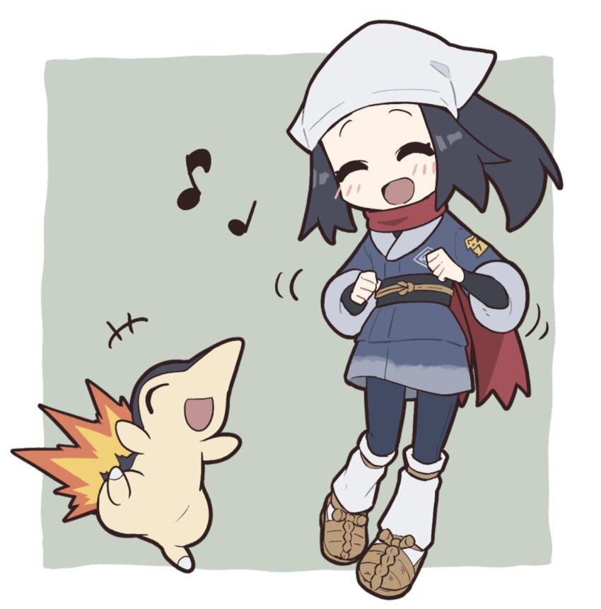 akari_(pokemon) blue_jumpsuit creatures_(company) cyndaquil dancing fire flame-tipped_tail game_freak gen_2_pokemon ginkgo_guild_uniform hair_up headscarf highres jumpsuit loose_socks nintendo pokemon pokemon_(creature) pokemon_legends:_arceus poyo_party red_scarf scarf socks