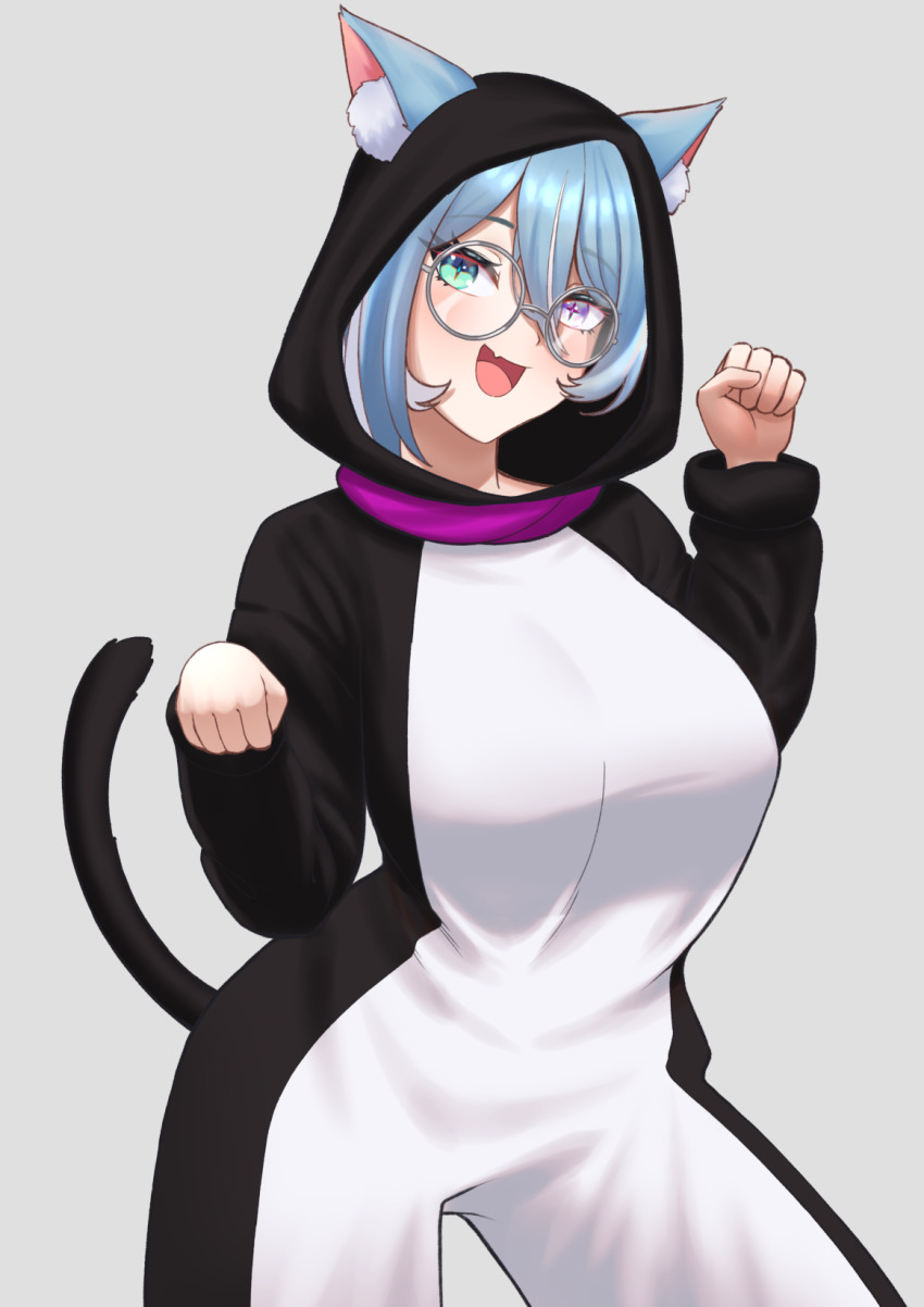 1girl animal_ear_fluff animal_ears blue_hair breasts cat_ears cat_pajamas cat_tail cipher4109 commentary elira_pendora english_commentary fang glasses green_eyes grey_background hair_between_eyes heterochromia highres large_breasts nijisanji nijisanji_en open_mouth purple_eyes round_eyewear skin_fang solo tail virtual_youtuber